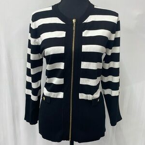 Cable & Gauge black and white striped cardigan with zipper closure, size X-large